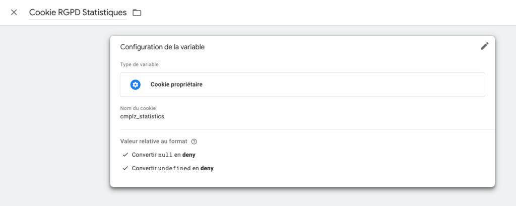 Configuration de la variable contenant le consentement pour le suivi analytics