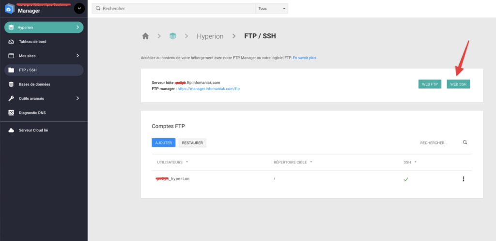 Présentation du bouton pour démarrer le Web SSH