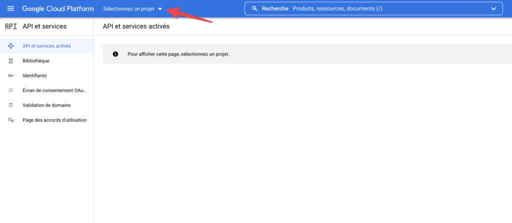 Écran d'accueil de Google Cloud Platform et bouton pour ajouter un projet.